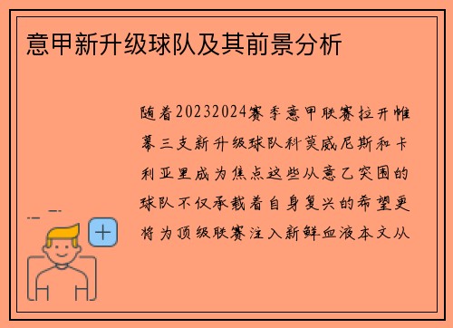 意甲新升级球队及其前景分析