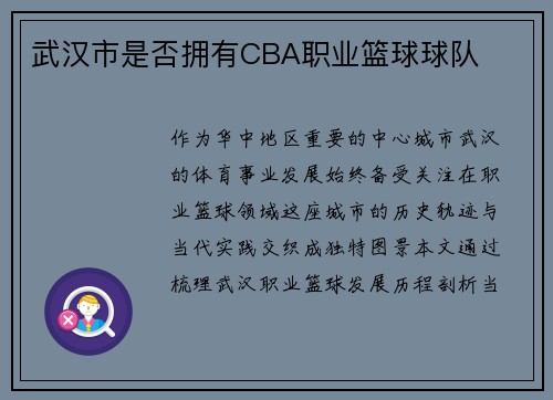 武汉市是否拥有CBA职业篮球球队