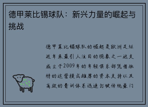 德甲莱比锡球队：新兴力量的崛起与挑战